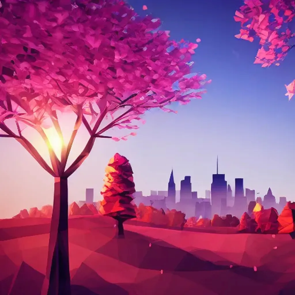 Prompt: three low poly cherry blossom trees on a hill in autumn at night, with city skyline in the background