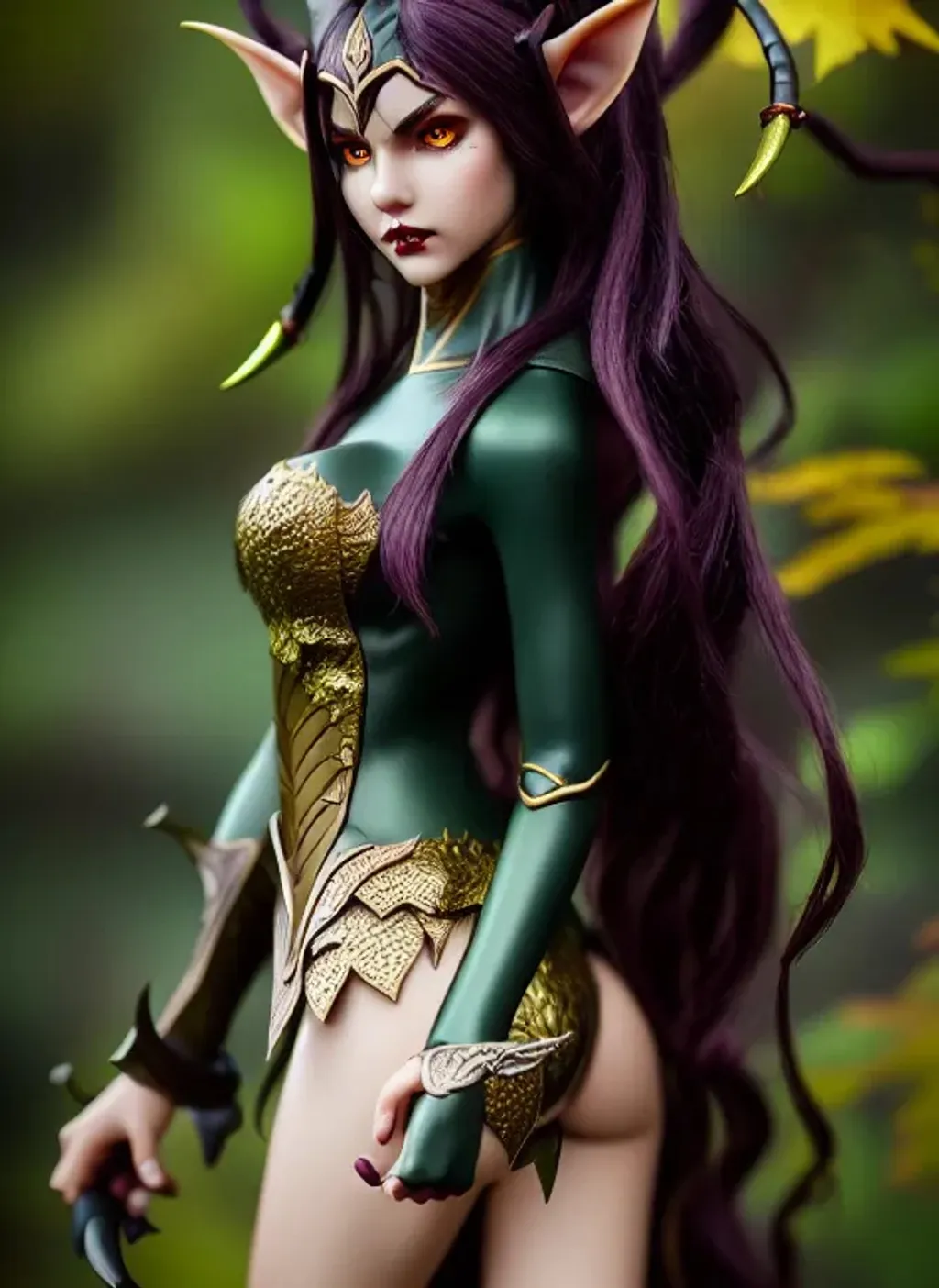 Prompt: Night autumn Forest elf succubus hot defiant dark  green wine and gold outfit armor detailed face painting by WLOP perfect figure  pose 