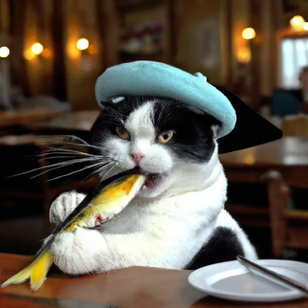 Prompt: a photo of a black and white cat wearing a white beret eating a fish at a café, photograph, photo realistic, 8k, realistic