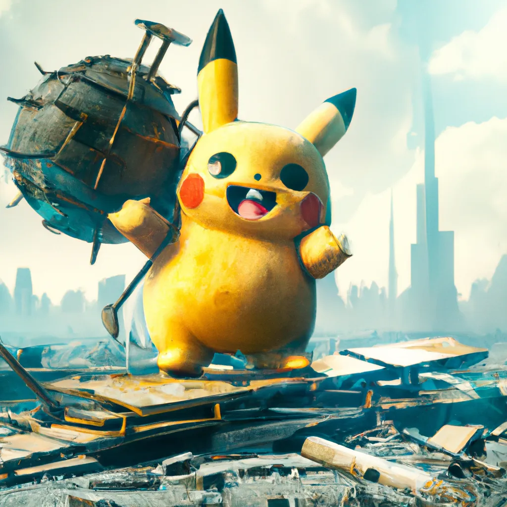 A pikachu fishing. Cyberpunk background.