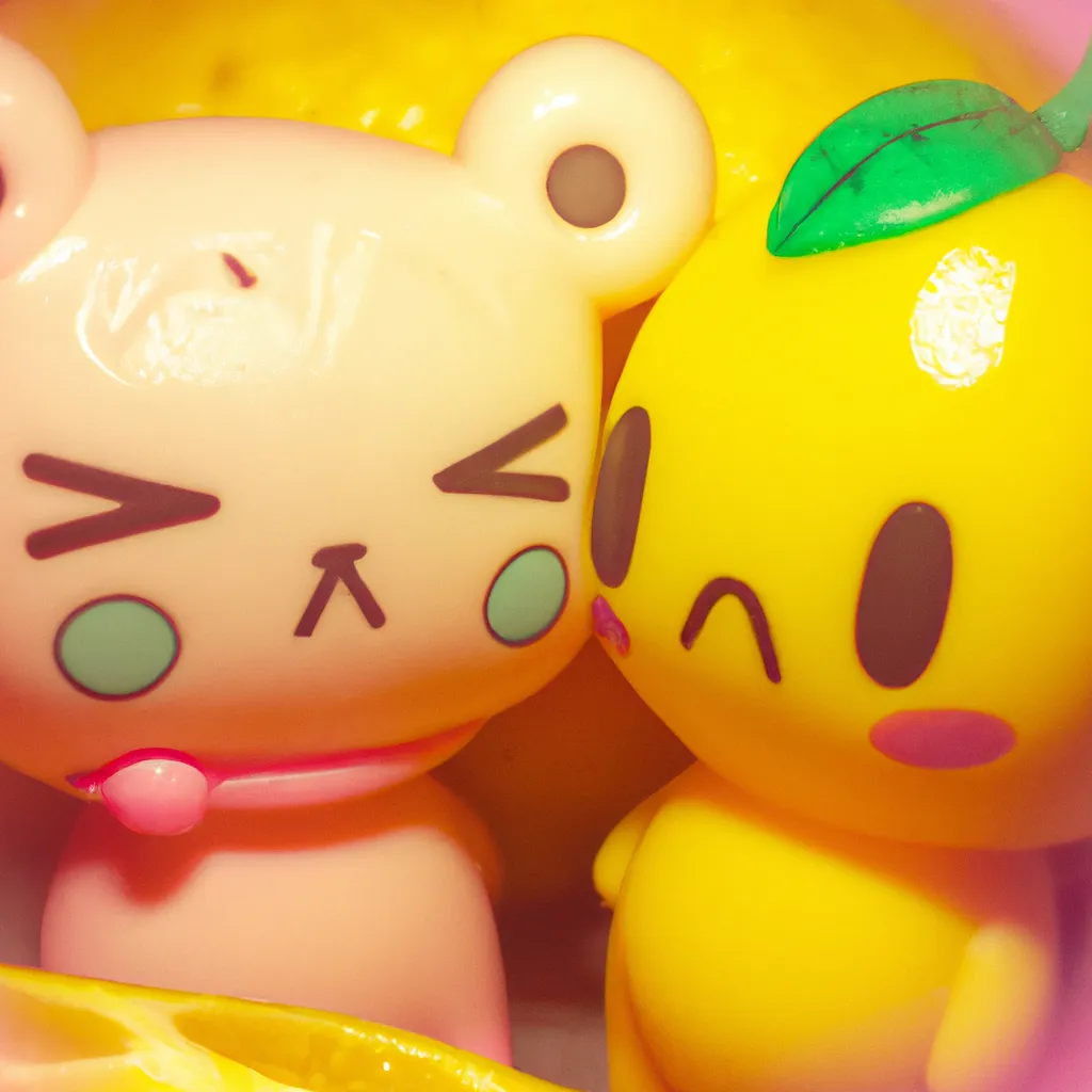 Prompt: A macro 35mm photograph (digital art) from a weird kawaiicore collection of lemon toys. Some of the subjects are distinguished characters knows as My Melody, Rilakkuma, and Pompompurin.