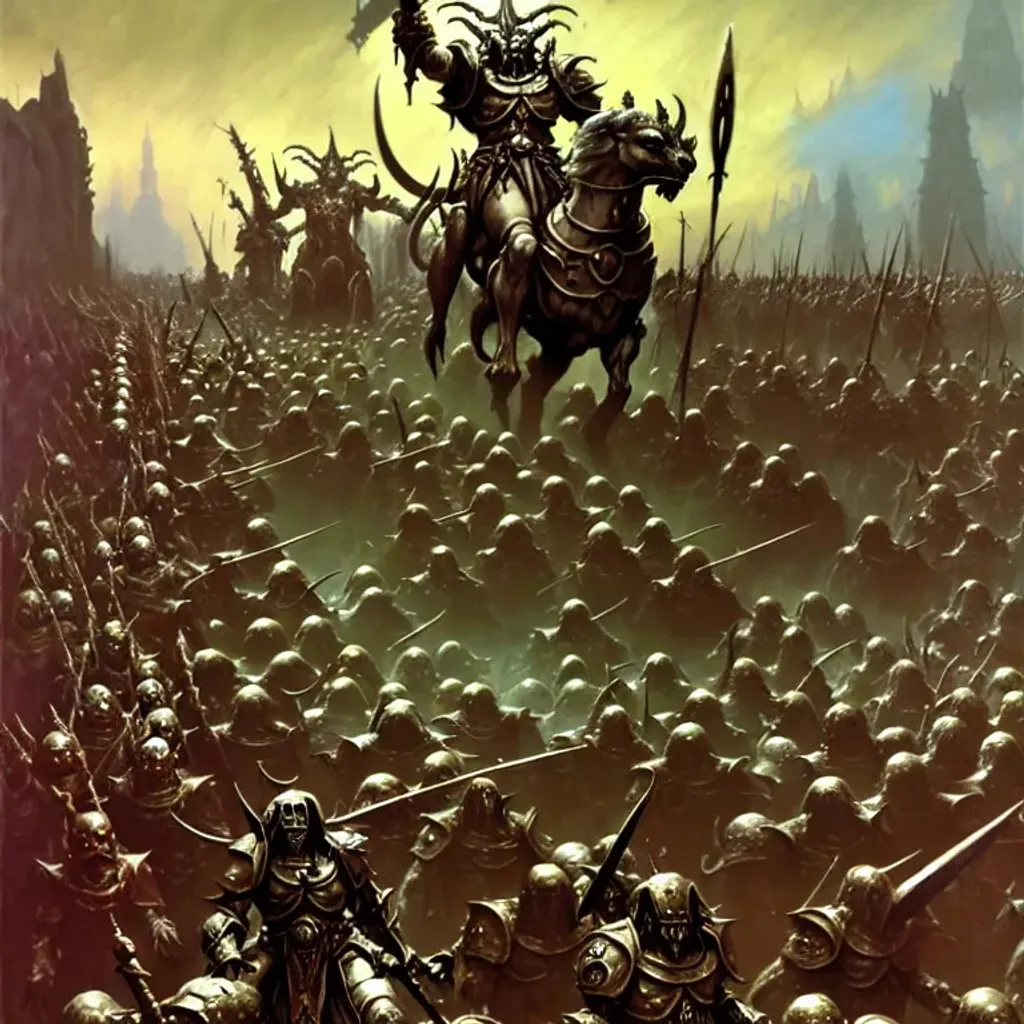 Prompt: Demon androgynous heavy armored and armed elves of Nurgle  march to battle, war, glory, lust, banners, fantasy art by Frank Frazetta, by Marc Simonetti, highly detailed, oil on canvas