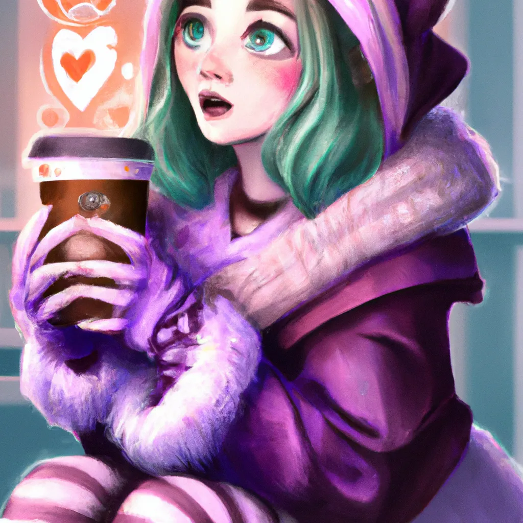 Prompt: Key Disney Visual of an enthusiastic anime cat girl wearing a cozy winter outfit, watching her pumpkin spiced latte excitedly, contrasted and bright; purple, blue, green and dark blue color palette; Digital art, trending on artstation, Photorealistic Illustration, anime key visual, cinematic, Ultra detailed