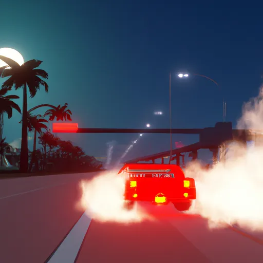 Prompt: Ferrari f40 drifting on the highway with lots of smoke, synthwave, 3D ocean render, streetlights, road signs, golden full moon, grand theft auto vice city, miami beach, palm trees, illuminated buildings