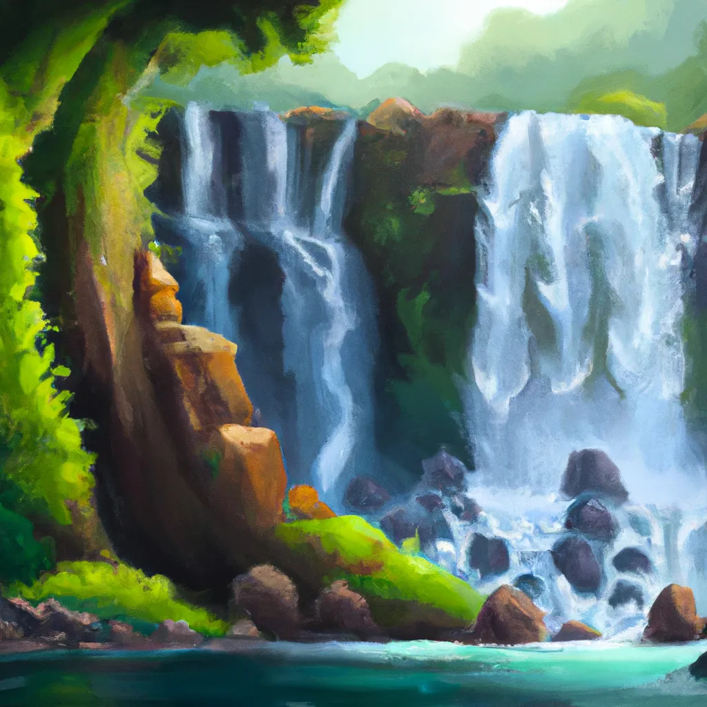 Prompt: Waterfall near jungles beautiful, oil painting trending on ArtStation