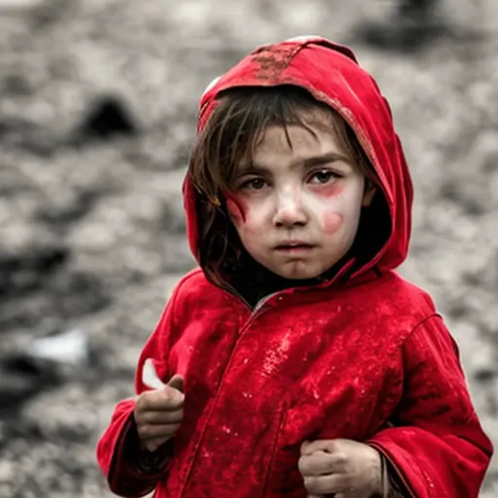 Prompt: little girl in red in war zone 