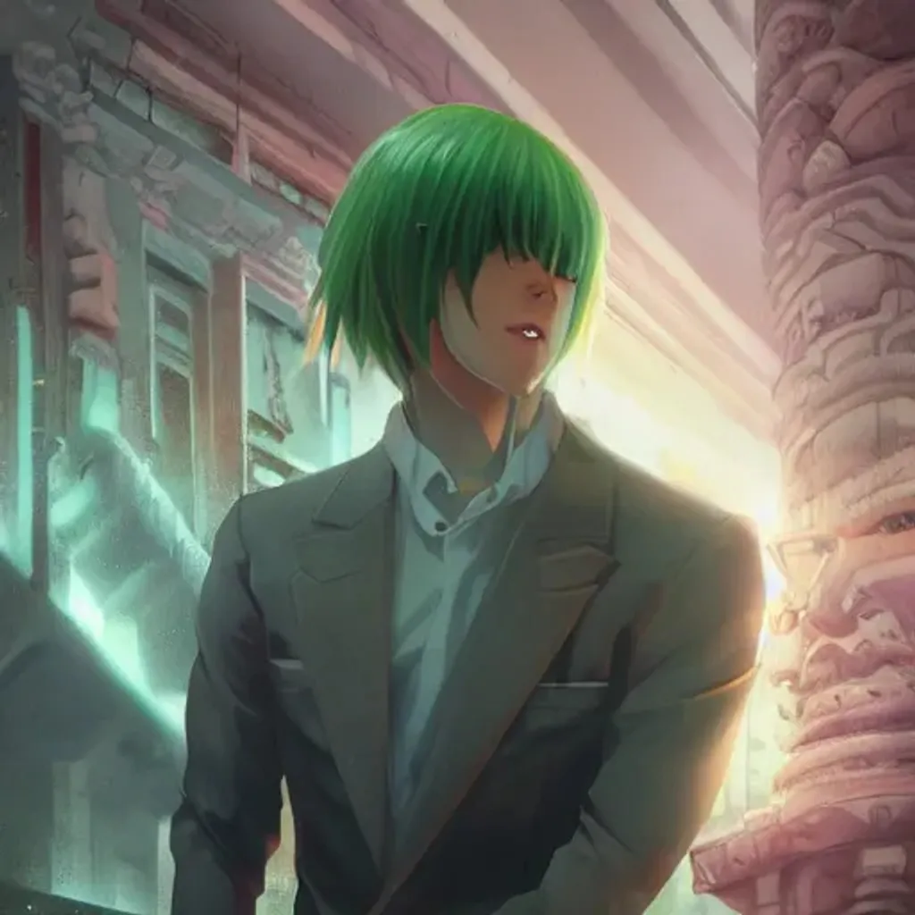 Prompt: Closeup portrait of a man With Big Dreamy White eyes, anime wide eyes, Beautiful Smooth Skin, Green Suit, Handsome Sigma Beard Symmetrical, Soft Lighting  detailed face, by leiji matsumoto, stanley artgerm lau, wlop, rossdraws, concept art, digital painting, looking into camera, pillars and ruins in the distance