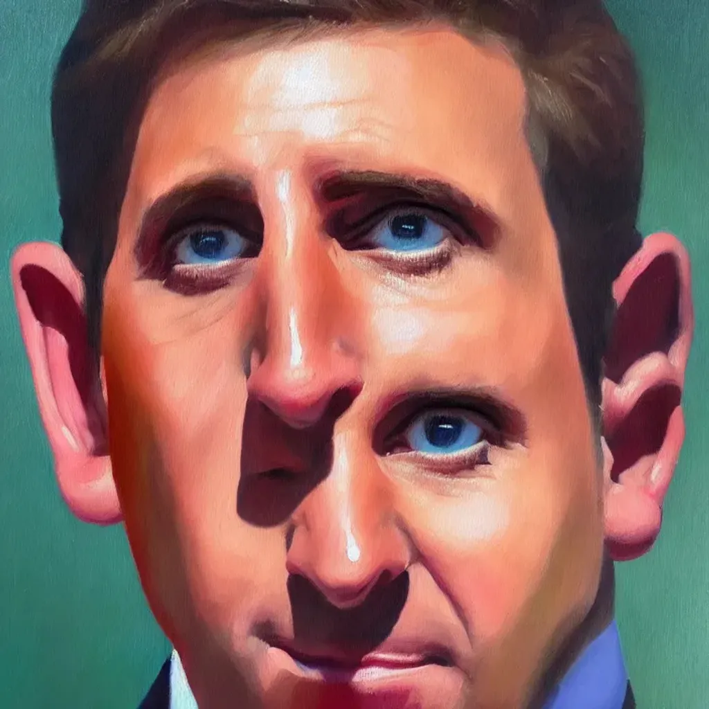 Prompt: Oil painting of human Michael Scott, bright contest winner