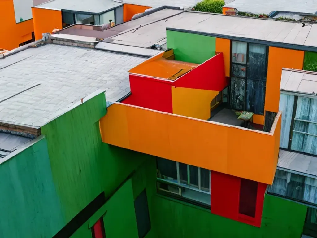 Prompt: Photo of a Brutalist house, brightly coloured