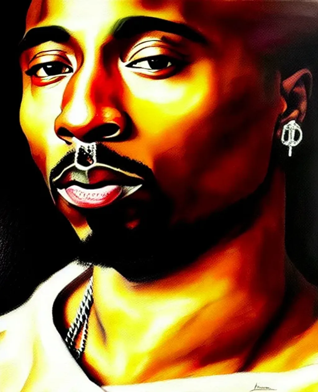 Prompt: high-quality high detail painting by DaVinci, Portrait of Tupac Shakur, Portrait, Masterpiece, 8K, Hyperrealistic, Photorealistic, hyperrealism oil painting, fashion model, soft light, photorealistic lighting