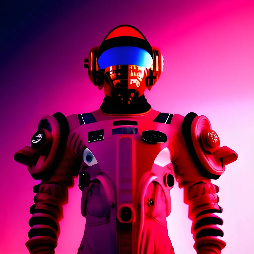 Prompt: Moody Portrait of a red Vaporwave Futuristic Cyberpunk Space Suit,facing towards the camera with swagger,Cinematic Stanley Kubrick movie still, 8K, digital art, unreal engine 5 render, octane render, photorealistic, photography, professional lighting and composition, award winning, intricate details, iconic 