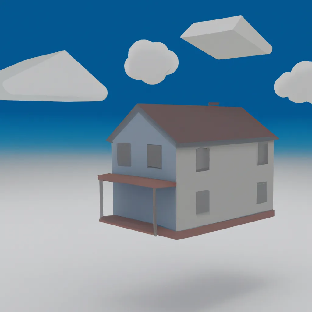 Prompt: A 3D render of a house with the sky being blue and the house floating