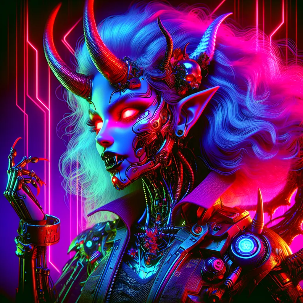 Prompt: Beautiful female succubus demonic figure in a gothic vaporwave setting, dynamic pose, beauty, neon lights casting a dramatic glow, retro aesthetic, high definition, dramatic lighting, demonic, high quality, liminal, vivid colors, detailed features, atmospheric, haunting vibe, surreal, retro-futuristic, intense gaze, otherworldly, dark and unsettling, eerie