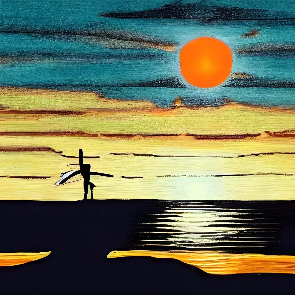 Prompt: In a war torn world with 2 suns, a petrified skeletal hero watches the smaller orange sun set behind the waves. The hero is atop a cliff. The second, bigger sun, is still higher on the sky.