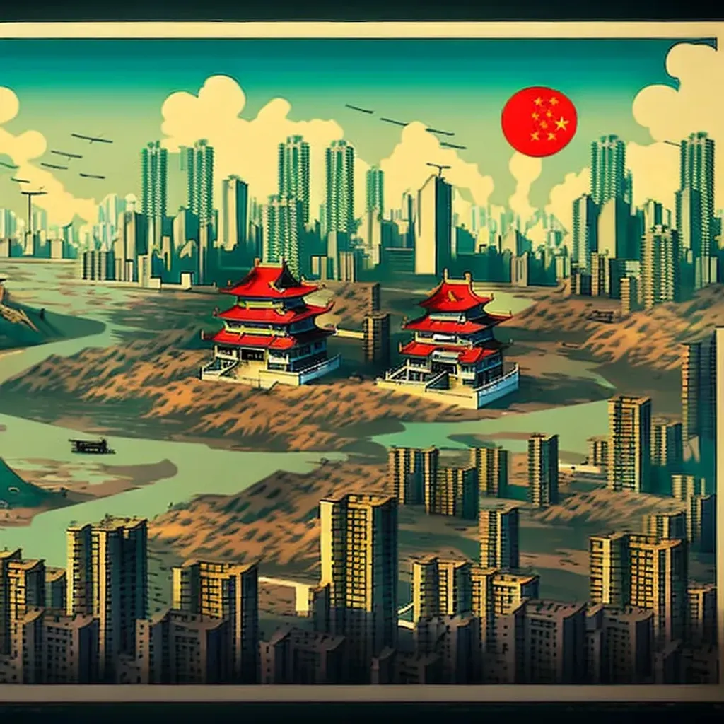 Prompt: Chinese propaganda poster of a post-apocalyptic Chinese city, Ukiyo-e, Fallout theme, corporate art, realistic, gritty theme, hyper detailed, broad light, cinematic lighting, over the shoulder point of view, 