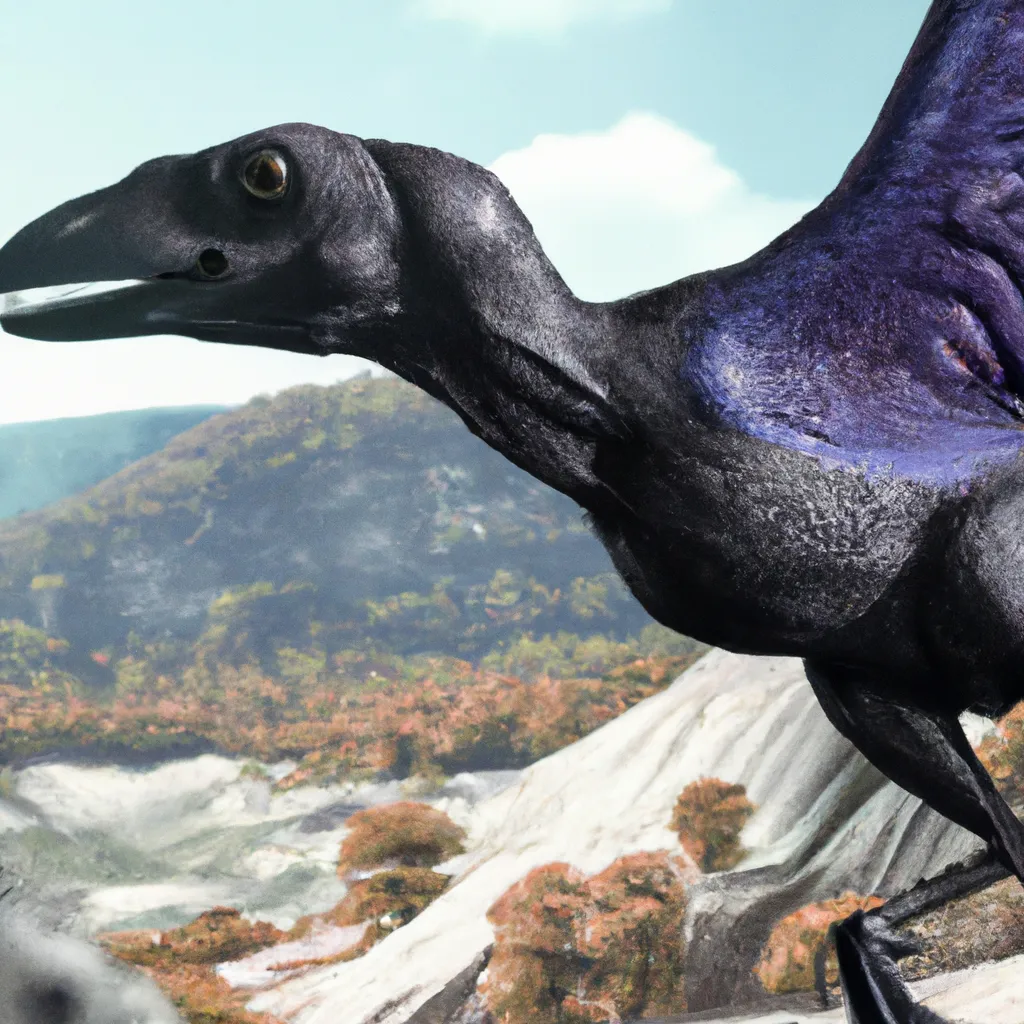 Prompt: The muscle structure of the giant corvus dinosaur crow from pre-historic era, in it's habitat. Full shot, speculative evolution. Gliding Dinosaur head but armored lizard skin, has dinosaur wings. Highly realistic accurate anatomical illustration of the dinosaur-corvus