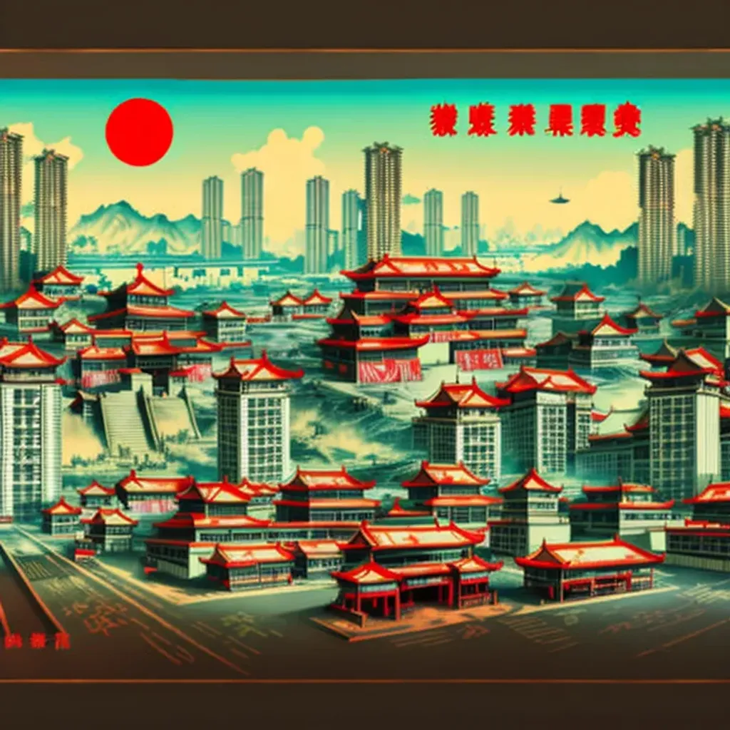 Prompt: Chinese propaganda poster of a post-apocalyptic Chinese city, Ukiyo-e, Fallout theme, corporate art, realistic, gritty theme, hyper detailed, broad light, cinematic lighting, over the shoulder point of view, 