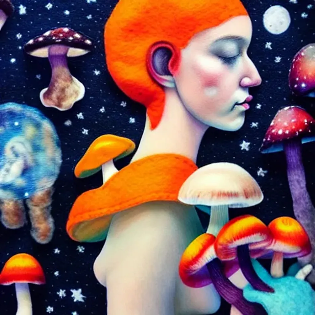 Prompt: Felt fabric portrait by Ryan Hewett, Beautiful woman with orange hair, mushrooms growing out of her hair, hq, fungi, celestial, portrait, victo ngai, moon mushrooms, galaxy, moon, stars 