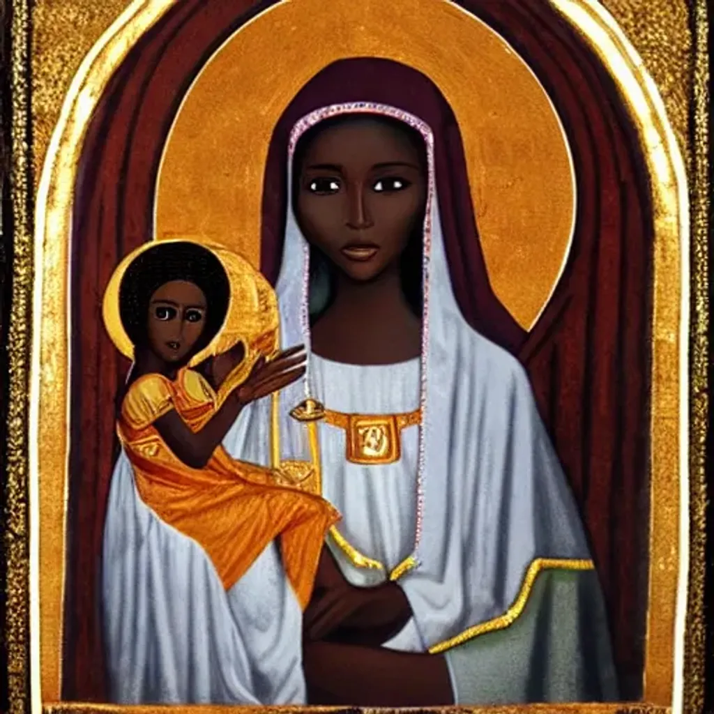 Prompt: Portrait of ancient ethiopian Virgin Mary and Eeyesus Kristos 