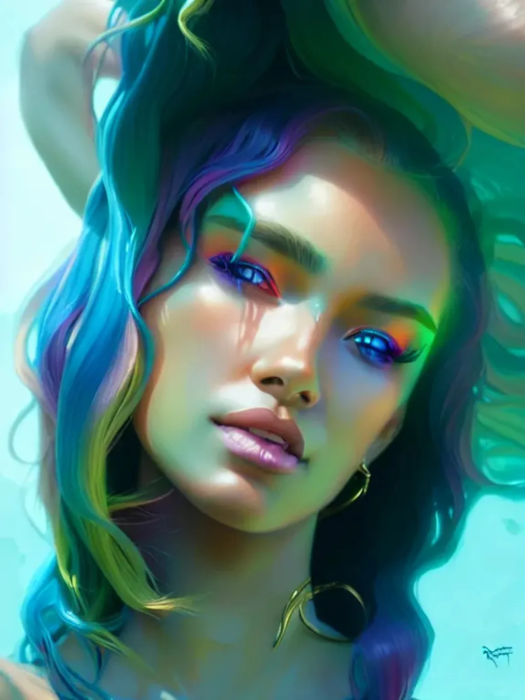 Prompt: summer vibes, beautiful sun tanned goddess portrait, flowy rainbow hair, sun, summer, cinematic lighting, highly detailed, digital painting, trending on artstation, pixiv, concept art, sharp focus, illustration, art by ross tran and wlop