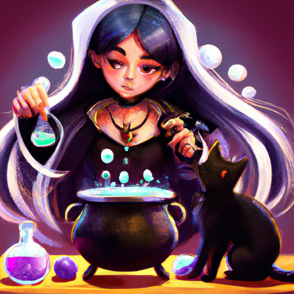 Prompt: cute gothic witch girl brewing potions in cauldron, black cat, award winning illustration, comic book, artstation, 