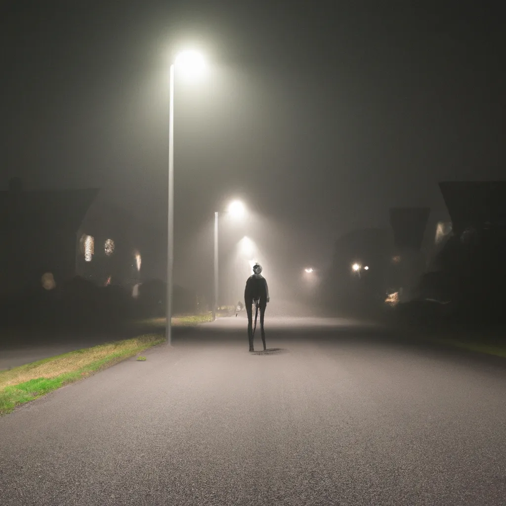 Prompt: imagine of a eerie residential street at night, foggy, lanterns on each side of the road with slenderman standing in the far