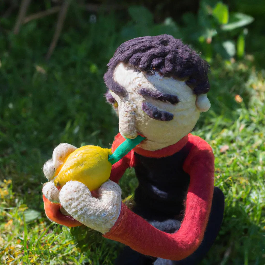 Prompt: Claymation Humanoid Man eating a delicious yarn-knit Lemon outside in a garden in France