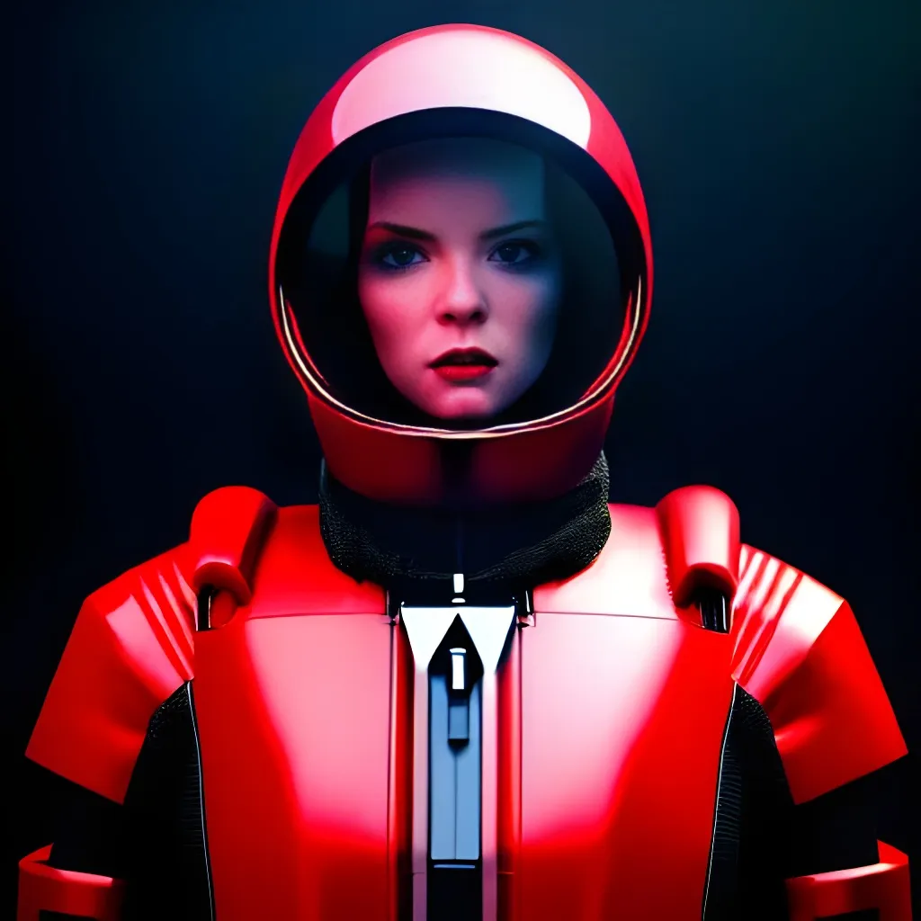 Prompt: Moody Portrait of a red Futuristic Cyberpunk Space Suit,facing towards the camera with swagger,Cinematic Stanley Kubrick movie still, 8K, digital art, unreal engine 5 render, octane render, photorealistic, photography, professional lighting and composition, award winning, intricate details, iconic 