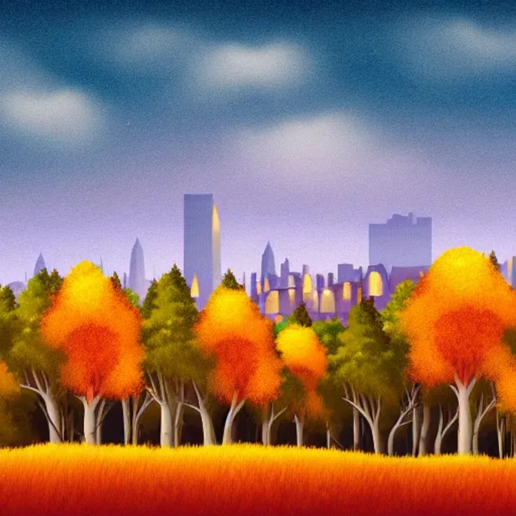 Prompt: hills covered in trees with autumn colors, soft light, at night with city in the distance, illustration