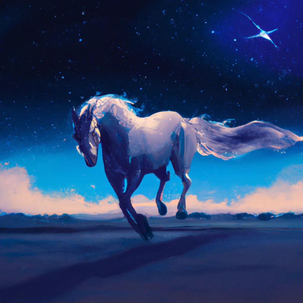 Prompt: American shot of a beautiful magical horse galloping through a sandy desert during a beautiful night, digital art, comic style, anime style