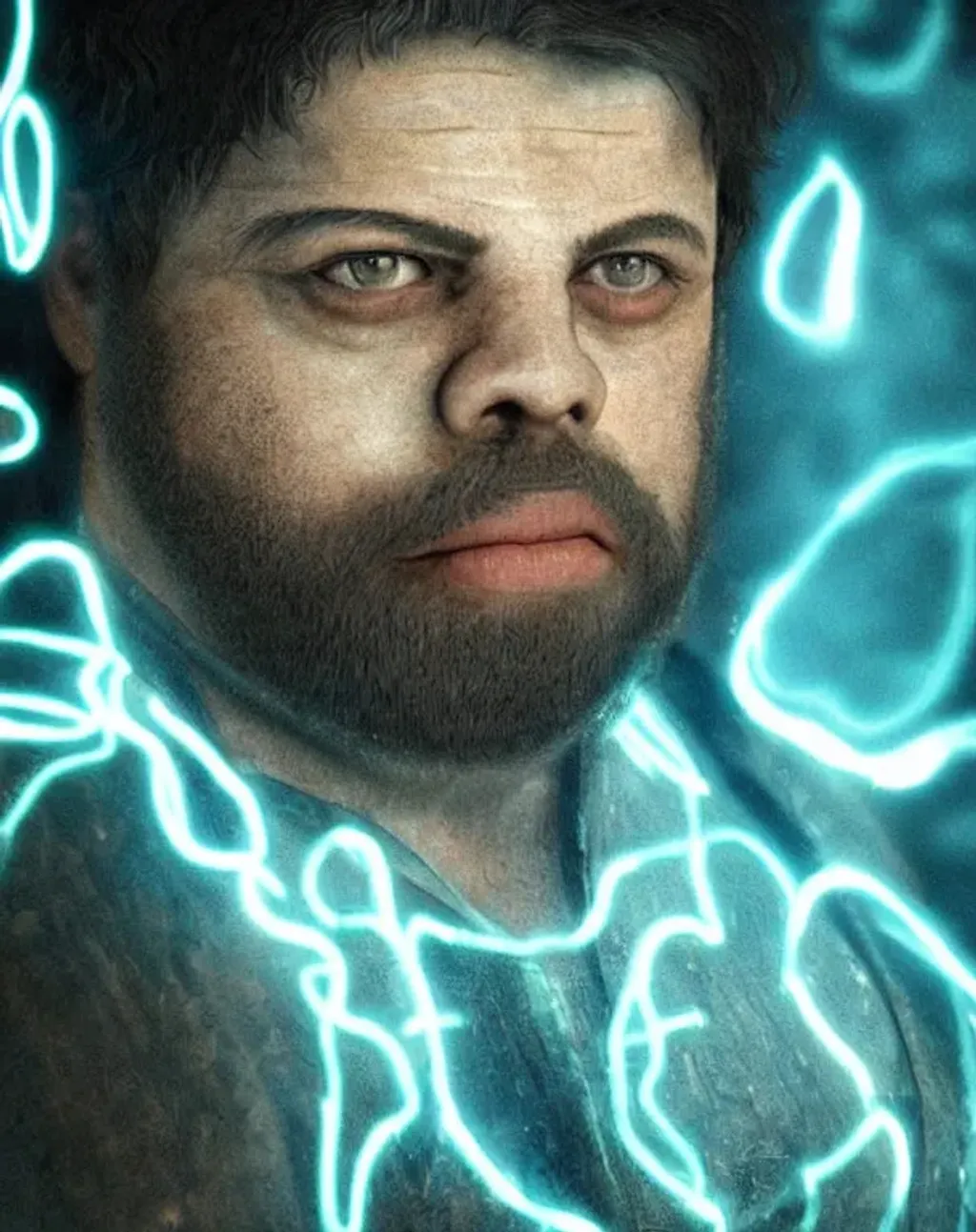 Prompt: Young heavyset cute Oliver Reed, intricate hair, with glowing runes on the body, glowing lights, orange and cyan lighting, wide eyes, intricate landscape, light scattering, unreal engine 5