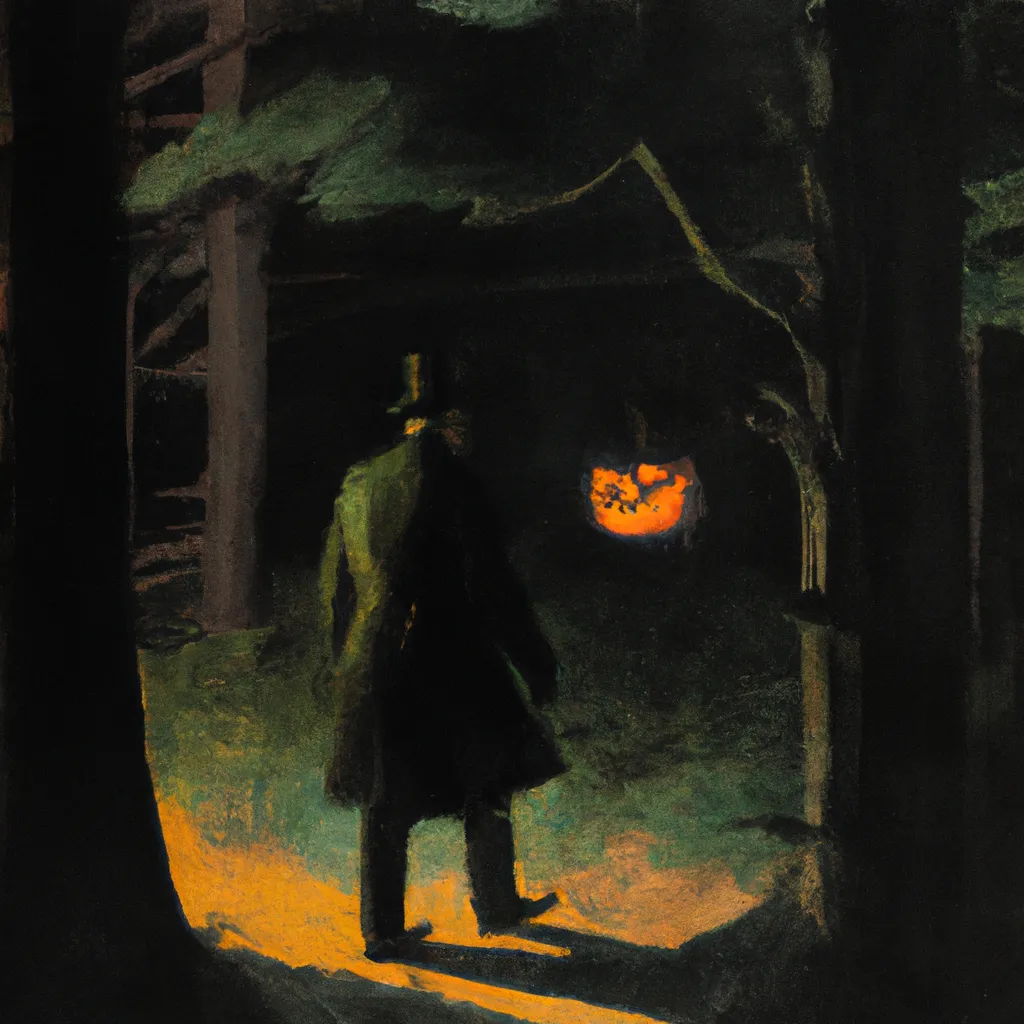 Prompt: 1800s painting of a pumpkin headed shadow man standing far away in dark forrest