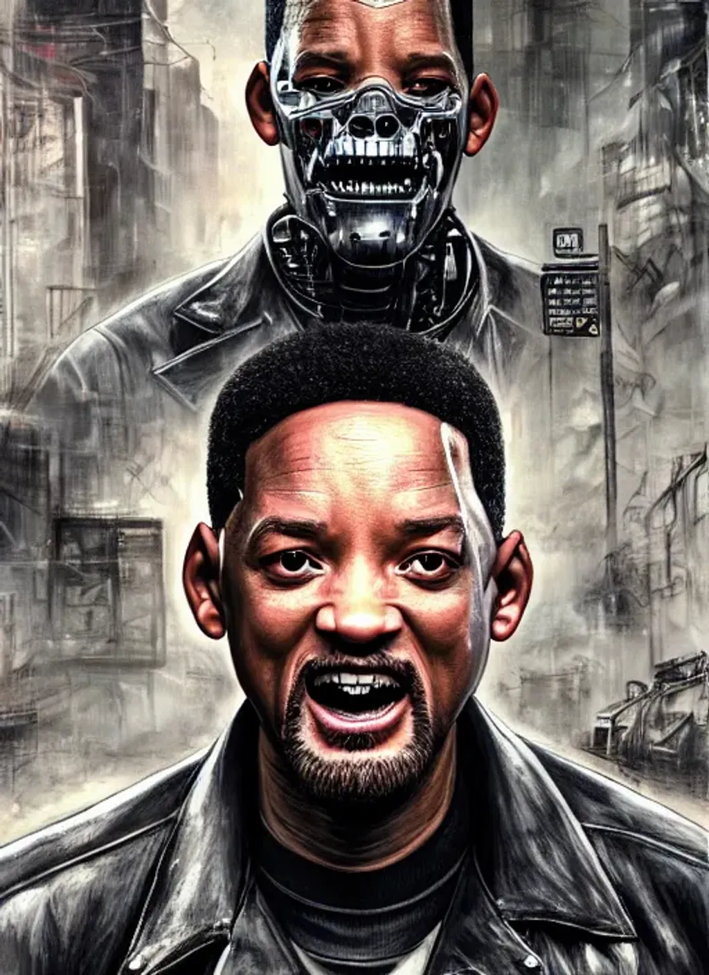 Prompt: Portrait of {Will Smith as Terminator} with {graying} hair and with cute face, {post-apocalyptic city}, perfect composition, hyperrealistic, super detailed, 8k, high quality, trending art, trending on artstation, sharp focus, studio photo, intricate details, highly detailed, by greg rutkowski