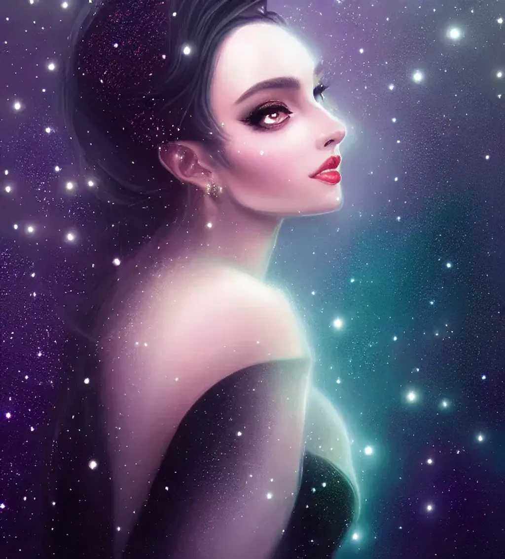 Prompt: Portrait of a beautiful female Spirit of Starlight wearing a glittering gown with jet black hair and background of twinkling stars, fantasy, intricate, elegant, highly detailed, digital painting, trending on artstation, concept art, smooth, sharp focus, unreal engine, 4k, 8k, otherworldly, ethereal