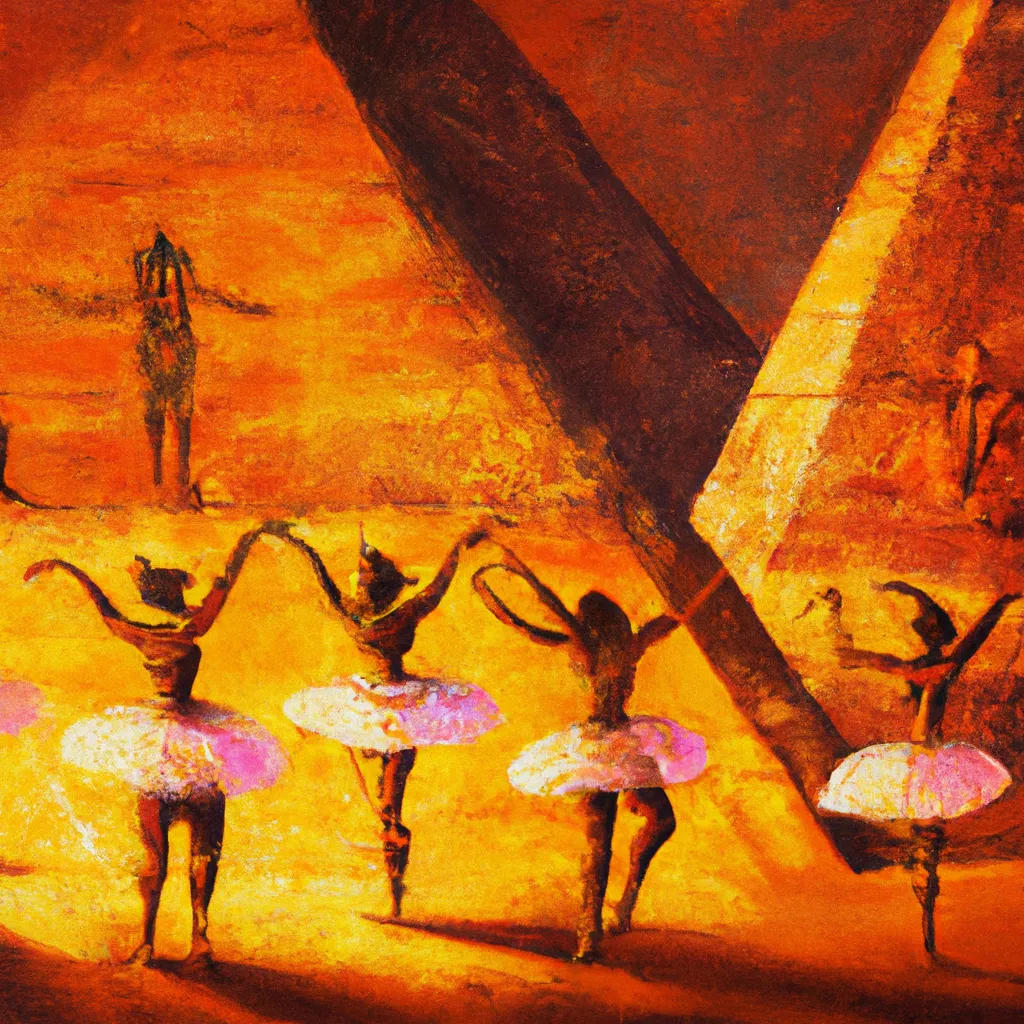 Prompt: detailed painting of ballerinas dancing in the pyramids in Ancient Egypt, cinematic lights, warm colors, beutiful textures