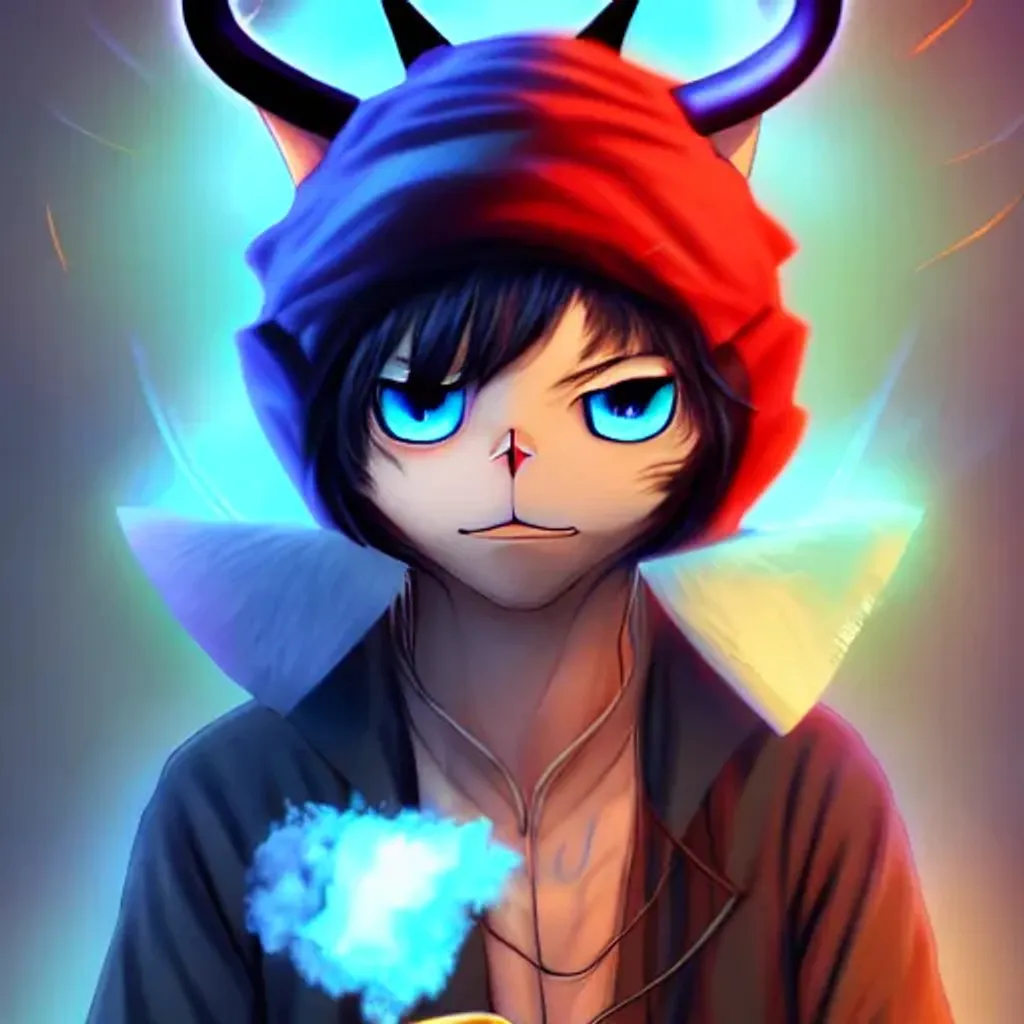 Prompt: A cool Anime character, half cat half minotaur with blue eyes wearing a beanie, wrapped around with fire at a concert stage, a character portrait by Andrei Kolkoutine, Artstation, sots art, 3d game art, quantum wavetracing, dark and mysterious