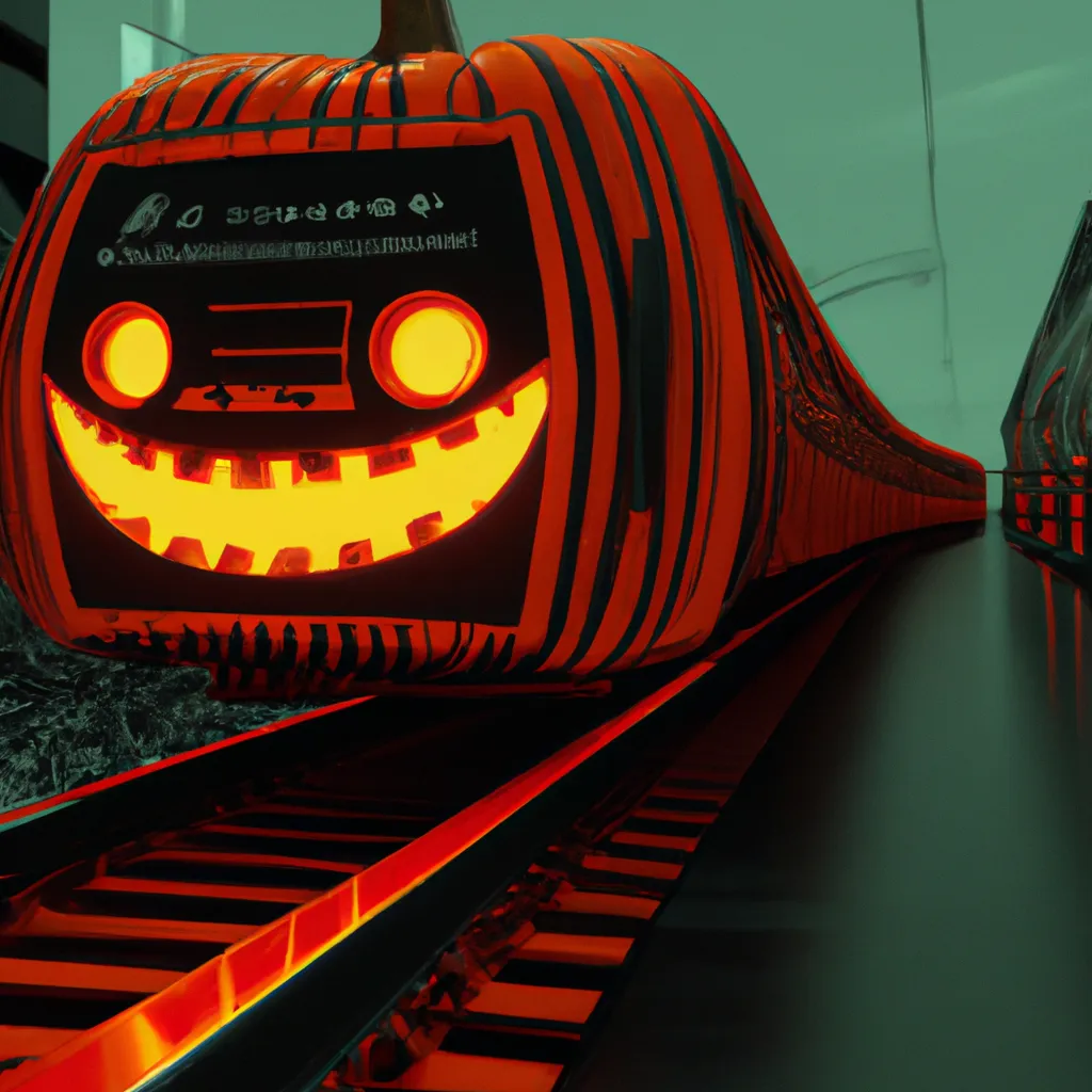 Prompt: Futuristic Jack-o’-lantern train, unreal engine, hyper detailed, photorealistic, octane render,