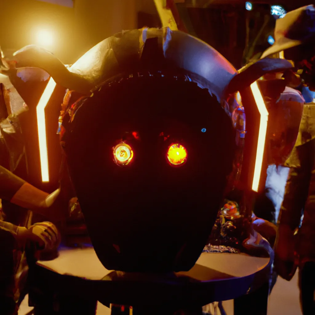 Prompt: An establishing shot of fnaf head in a dark futuristic mechanic Several mechanics in  suits and black helmets are repairing the fnaf  head. There is  sreen game