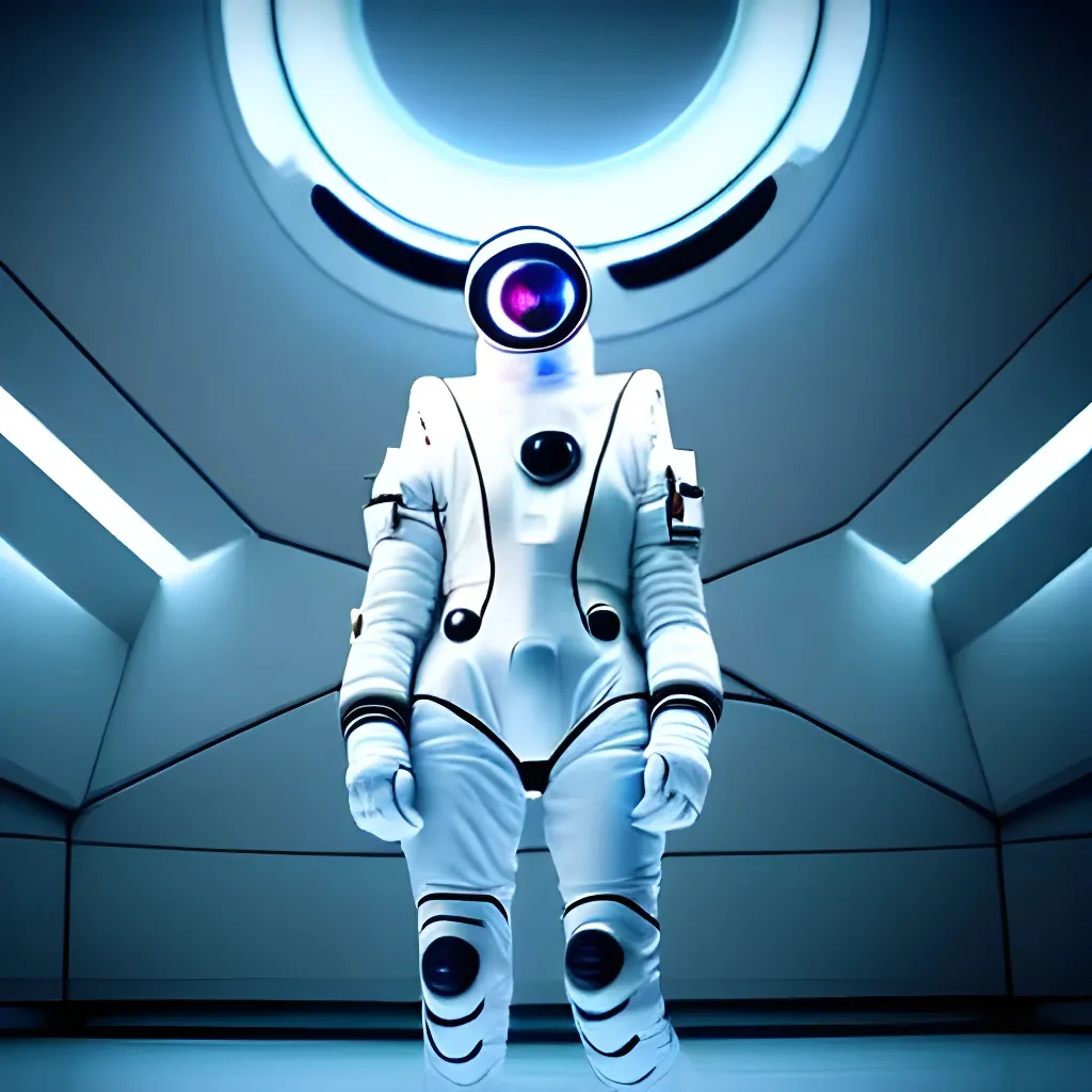 Prompt: Wide angle of a white Futuristic Cyberpunk Space Suit, confidently facing towards the camera with swagger,Cinematic Stanley Kubrick movie still with the iconic big circular ring lights in the background, 8K, digital art, unreal engine 5 render, octane render, photorealistic, photography, professional lighting and composition, award winning, intricate details, iconic movie shot by Stanley Kubrick with ring lights