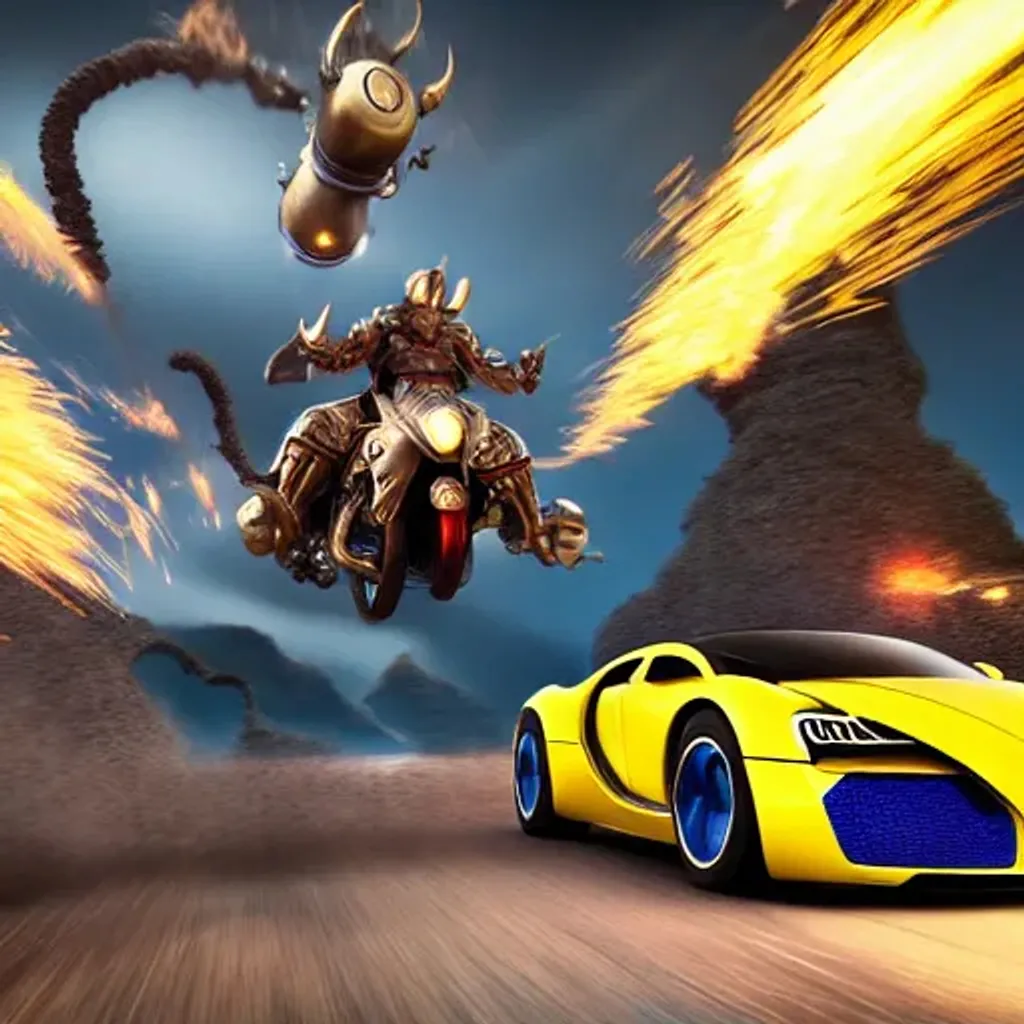 Prompt: An armored mage driving a Bugatti motorcycle, mystical energy in the air, action shot, heroic fantasy art, special effects, HD octane, splash art, zoom blur, f8, 24mm perspective shot, Disney Pixar Dreamworks 