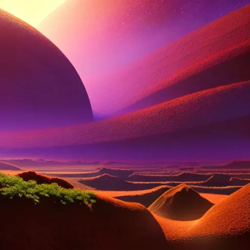 Prompt: Antelope valley, Subtropical river valley on an exoplanet. Clear smooth brush strokes. Sharp focus by pixar and dreamworks, centered, scifi, backlighting, chiaroscuro, intricate details.
