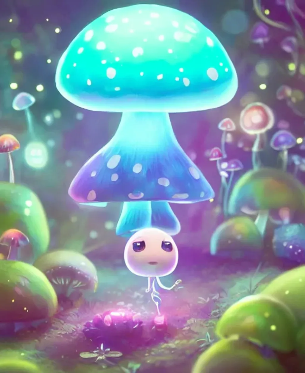 Prompt: a cute kawaii bio-luminescent mushroom creature, concept character art, bokeh effect, magical lighting, weed, lsd, beautiful glowing lights, sci - fi, stunning, intricate, elegant. highly detailed, digital painting, 32k poster art, artstation. smooth. sharp focus. illustration, award winning art by pixar, artgerm and greg rutkowski and alphonse mucha 