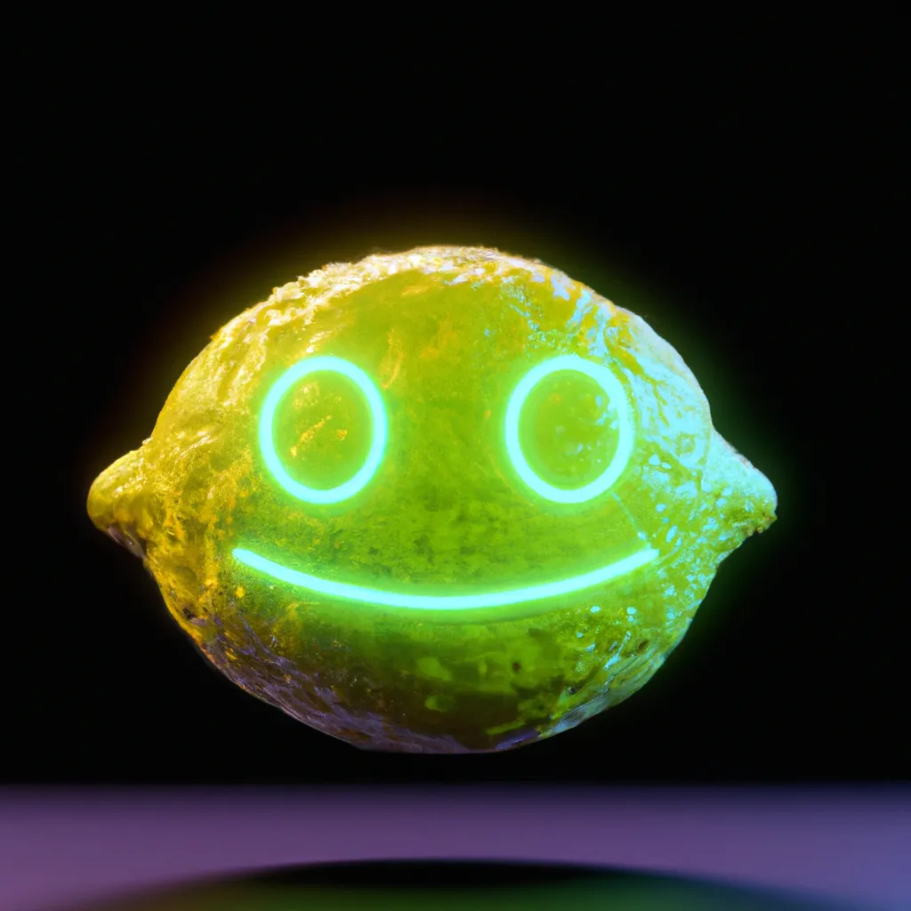 Prompt: a smilling lemon on a black, neon background, 3d render, 4k, unreal engine.