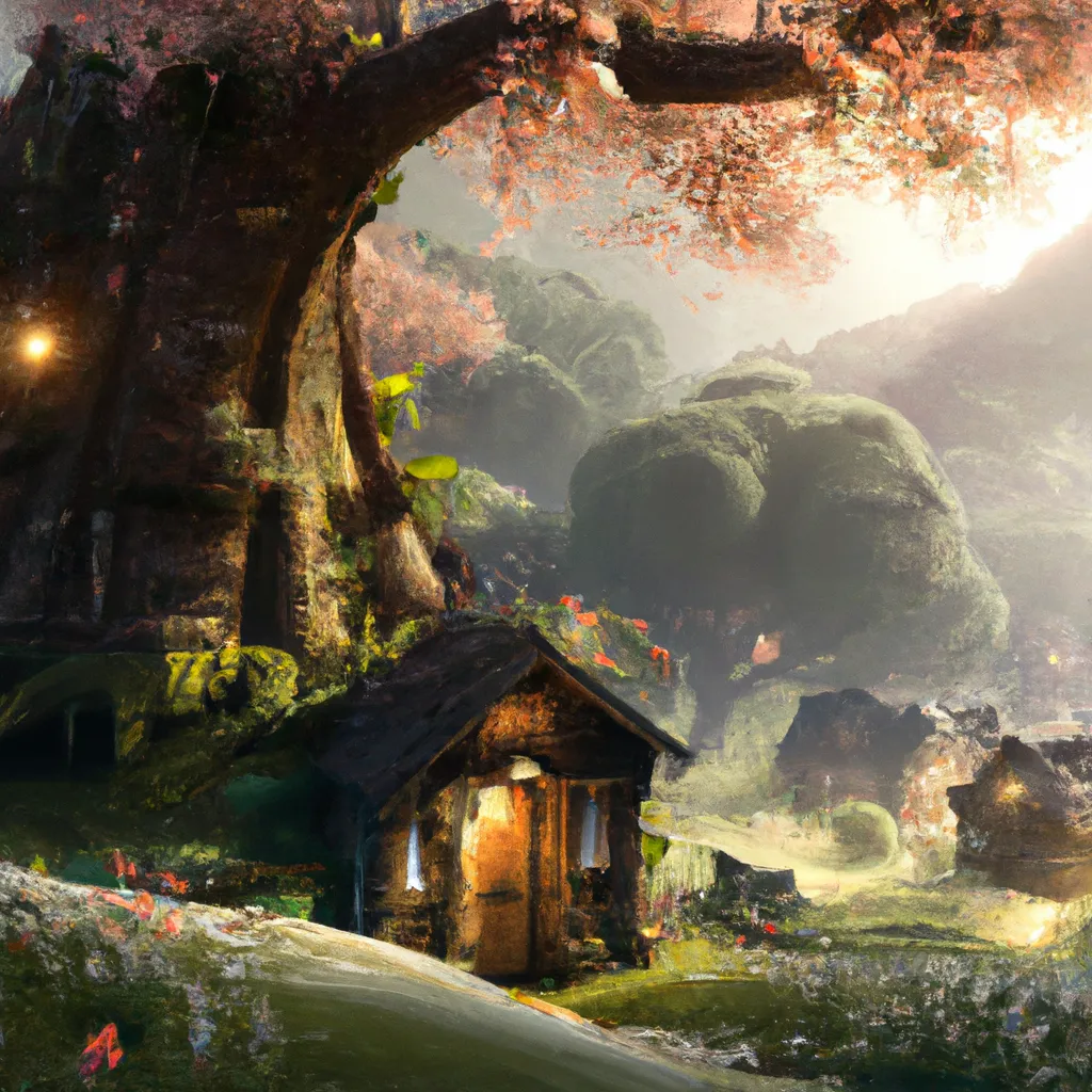 Prompt: a giant forest, oak trees, sakura trees, hobbit houses, during night time, magical, iridescent, fairy, art by Stephan Martiniere, art by Caspar David Friedrich, art by Jessica Rossier, Trending on ArtStation, unreal engine