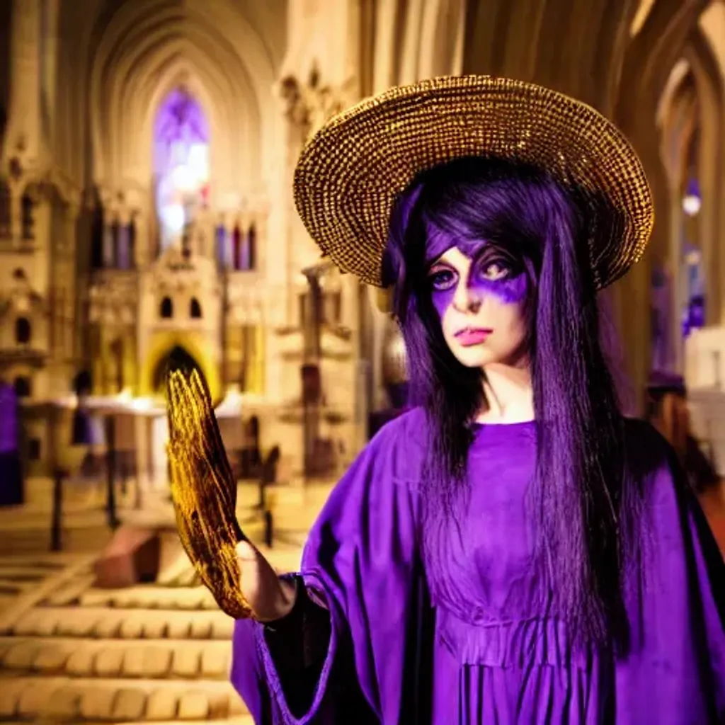 Prompt: A witch with long purple dress with intricate golden details, white hair, neotenic eyes, invocation,long finger nails, cosplay. Inside cathedral at night 