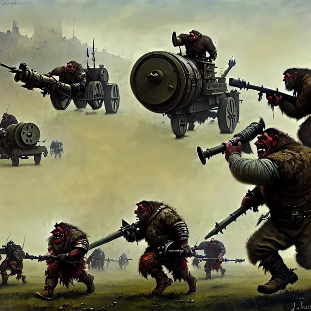 Prompt: orcs and trolls operating dieselpunk artillery, Bakhmut, Ukraine, 4k, digital art, concept art, art by Jakub Rozalski