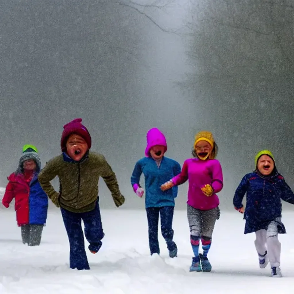 Prompt: children running through a snowstorm chased by a giant