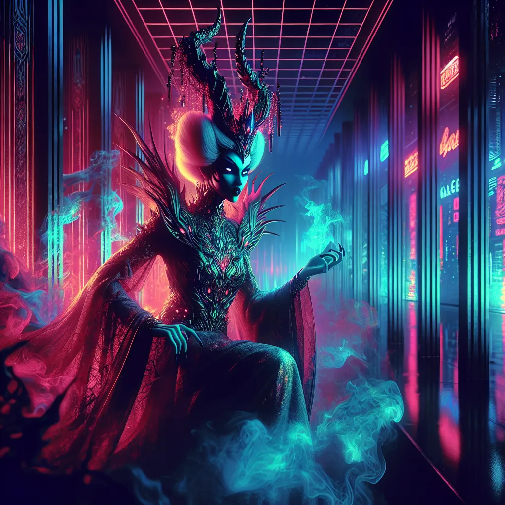 Prompt: Beautiful queen of succubi, demonic figure in a gothic vaporwave setting, dynamic pose, beauty, neon lights casting a dramatic glow, retro aesthetic, high definition, dramatic lighting, demonic, high quality, liminal, vivid colors, detailed features, atmospheric, haunting vibe, surreal, retro-futuristic, intense gaze, otherworldly, dark and unsettling, eerie