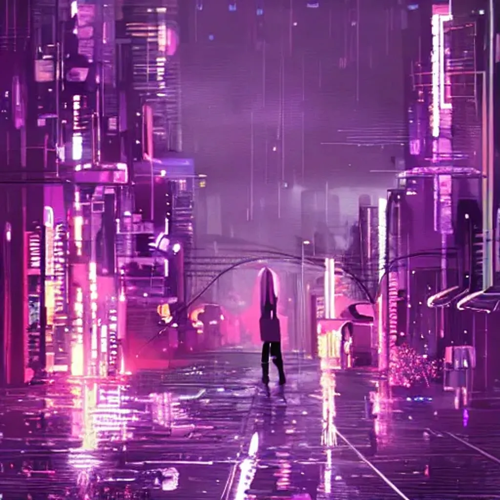 Prompt: Abstract cyberpunk city, purple style, at night, rainy, teenage girl walking on street, streetlamp, 8k, trending on artstation