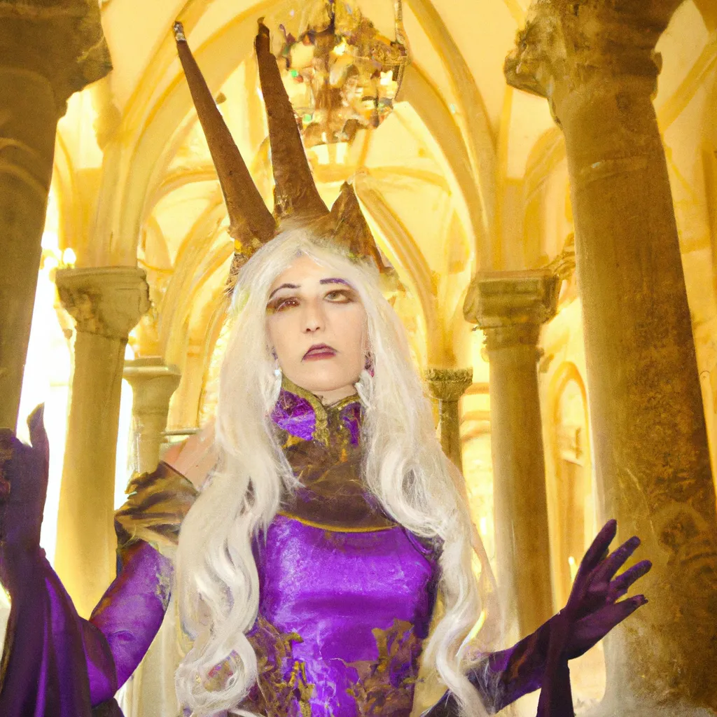 Prompt: A witch with long purple dress with intricate golden details, white hair, neotenic eyes, invocation, sign of the horns, cosplay. Inside cathedral. 